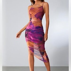 Tie Dye Mini Dress with Asymmetrical Hem Purple and Orange Party Club Festival